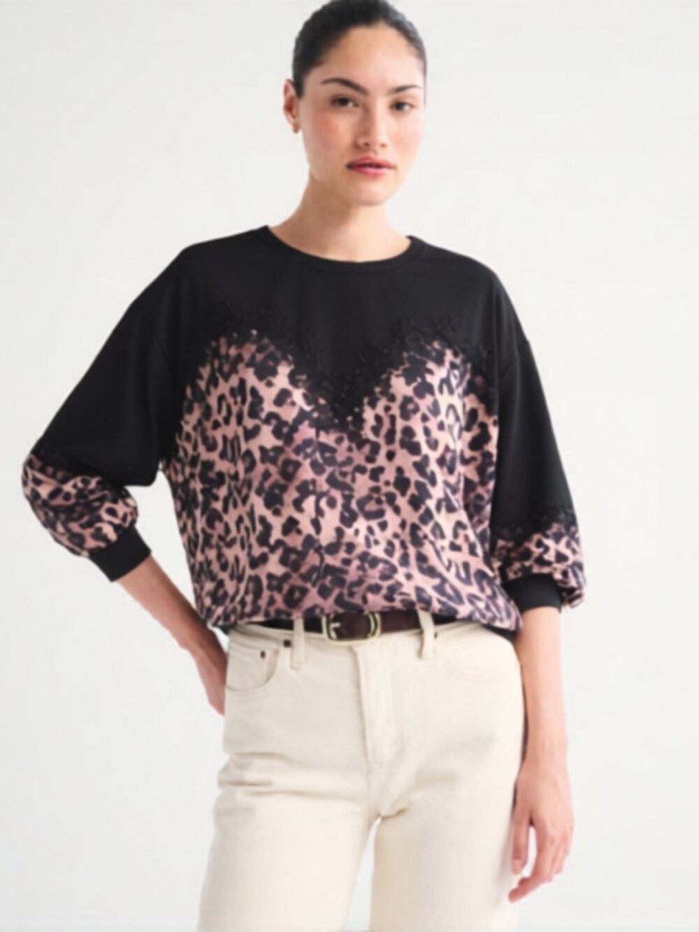 SHEIN Womens Top Blouson 3/4 Sleeves Black Animal Print Lace Trim Size 2XL